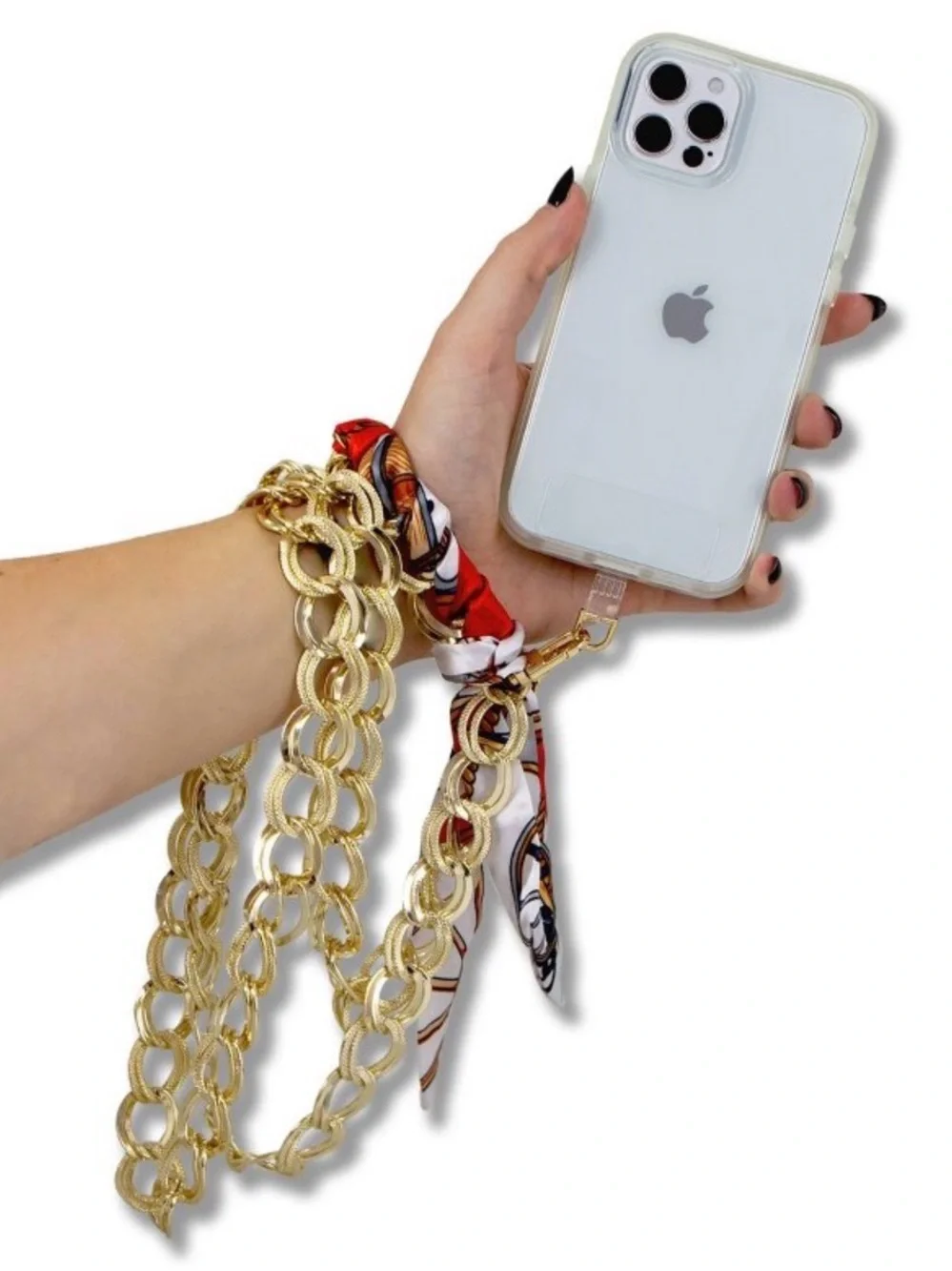 Gold Chain Phone Strap with White and Red Scarf